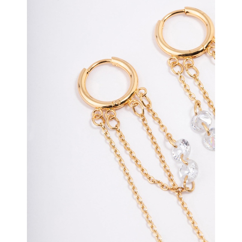 Waterproof Gold Plated Stainless Steel Double Chain Cubic Zirconia Huggie Earrings