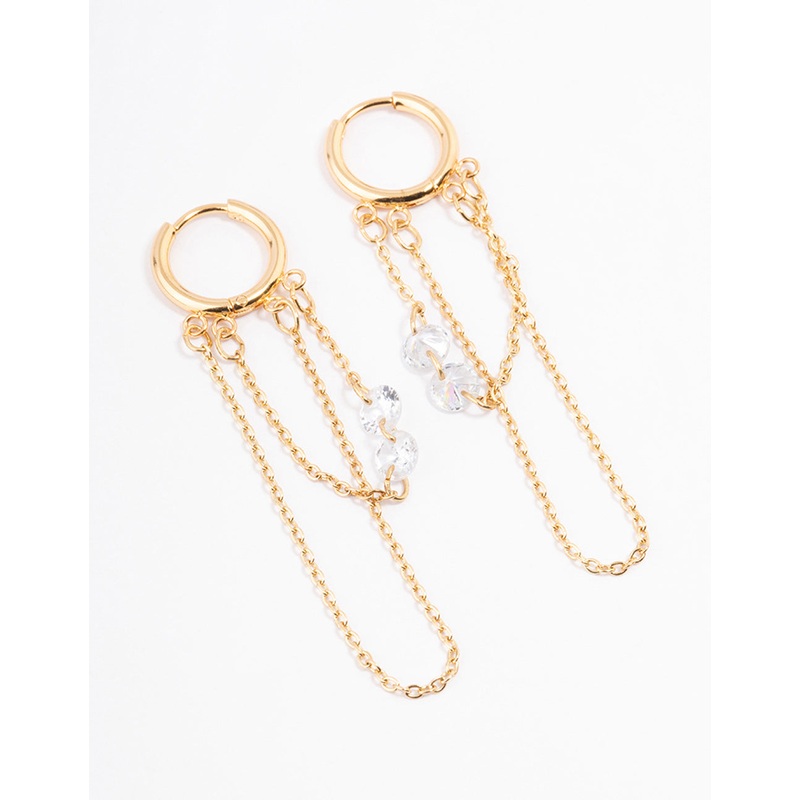 Waterproof Gold Plated Stainless Steel Double Chain Cubic Zirconia Huggie Earrings