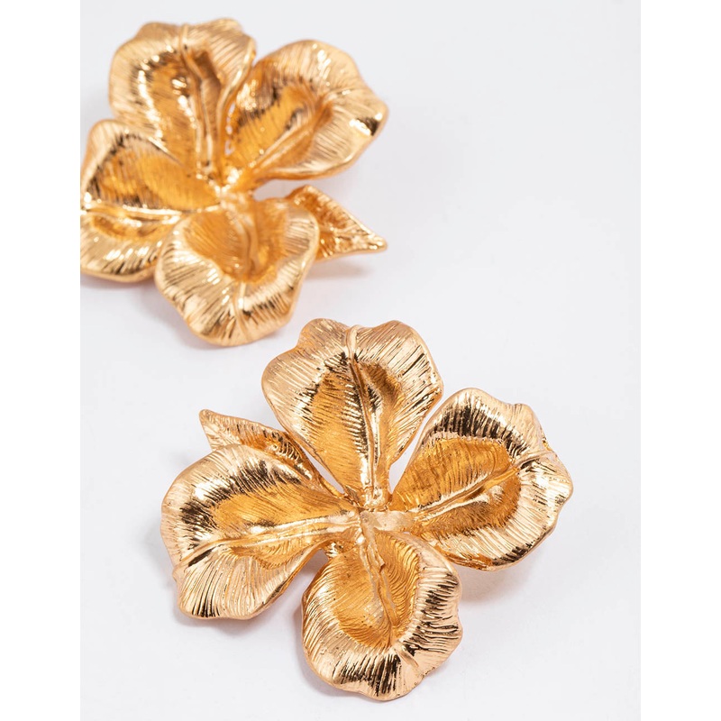 Worn Gold Statement Flower Stud Earrings