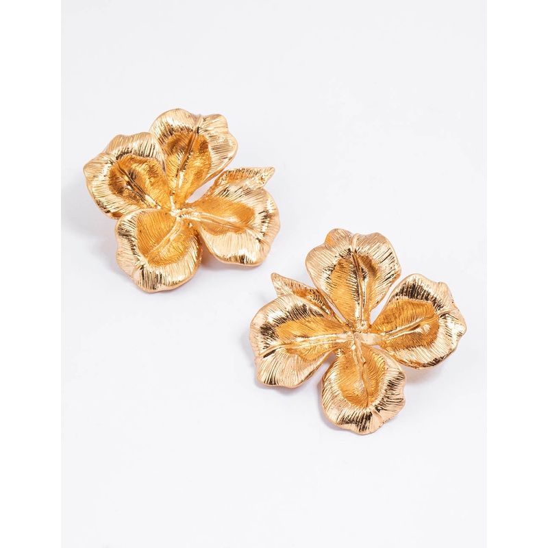Worn Gold Statement Flower Stud Earrings