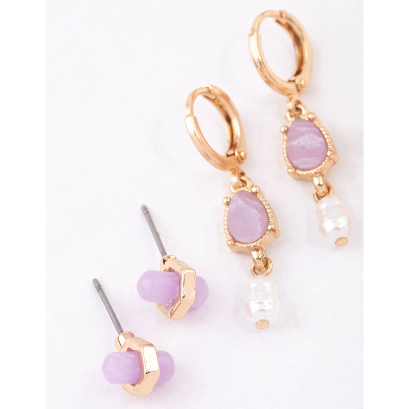Gold Amethyst Celestial & Pearly Earrings 4-Pack