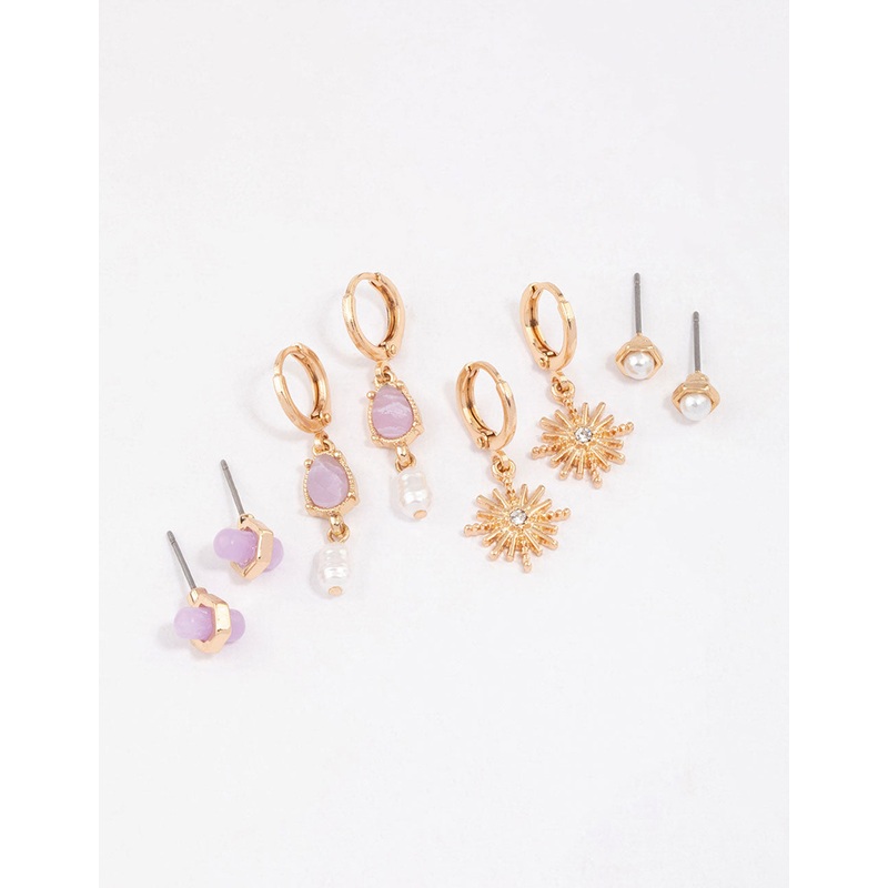 Gold Amethyst Celestial & Pearly Earrings 4-Pack