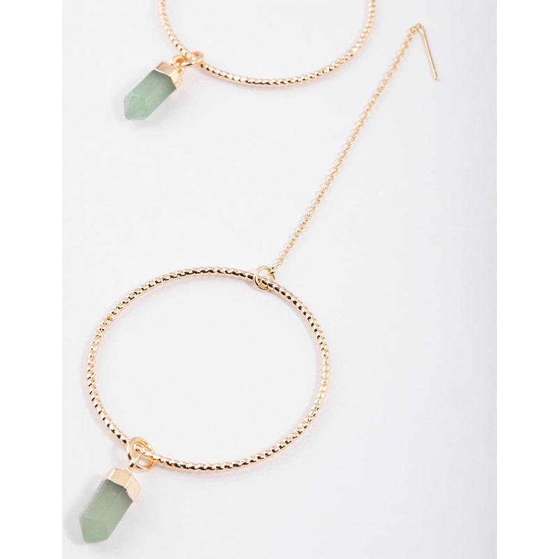 Gold Green Aventurine Hoop Threader Earrings