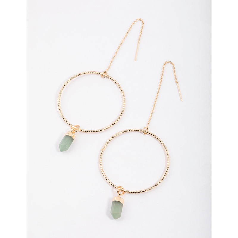 Gold Green Aventurine Hoop Threader Earrings
