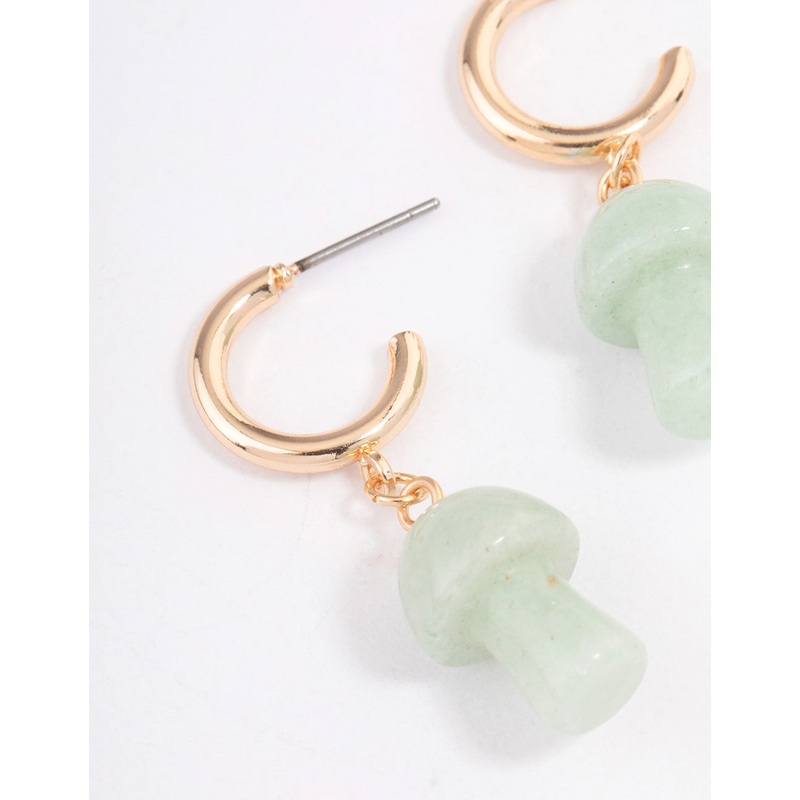Gold Green Aventurine Moon & Mushroom Huggie Earrings