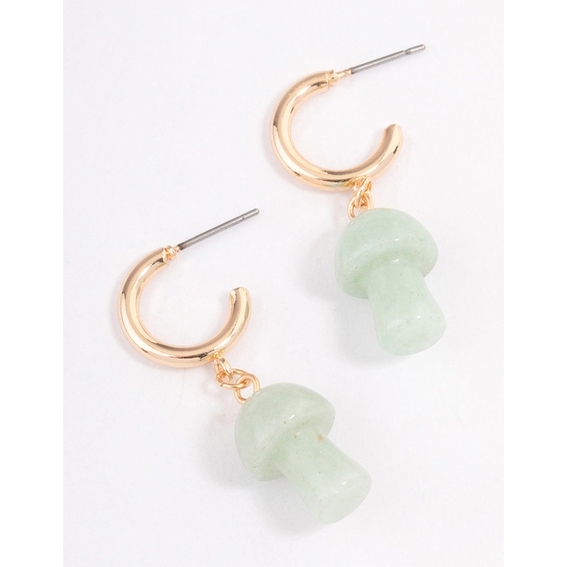 Gold Green Aventurine Moon & Mushroom Huggie Earrings