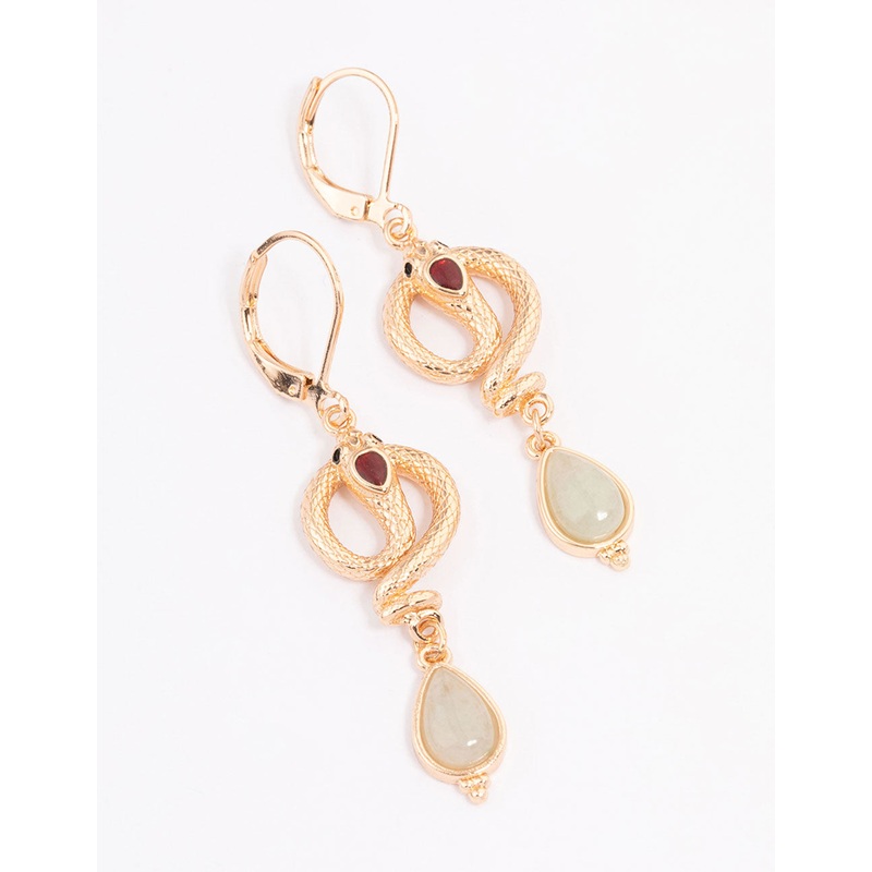 Gold & Green Snake Teardrop Pendant Earrings