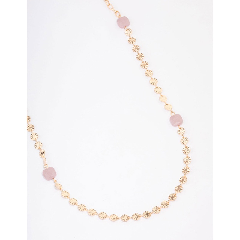 Gold Rose Quartz Textured Disc Long Necklace