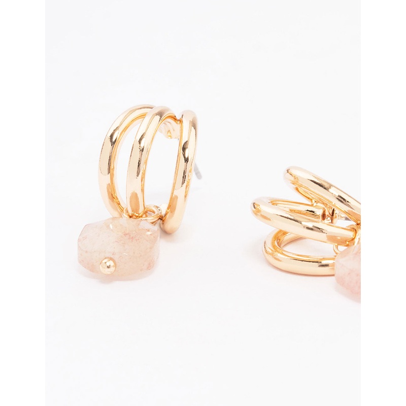 Gold Triple Hoop Square Pendant Earrings