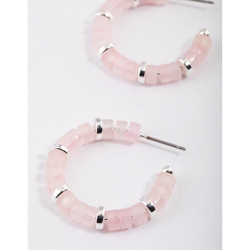 Silver Rose Quartz Mixed Disc Beaded Hoop Earrings