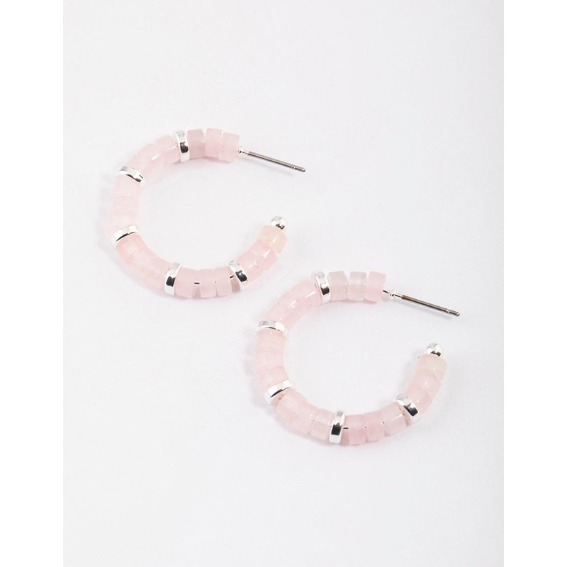 Silver Rose Quartz Mixed Disc Beaded Hoop Earrings