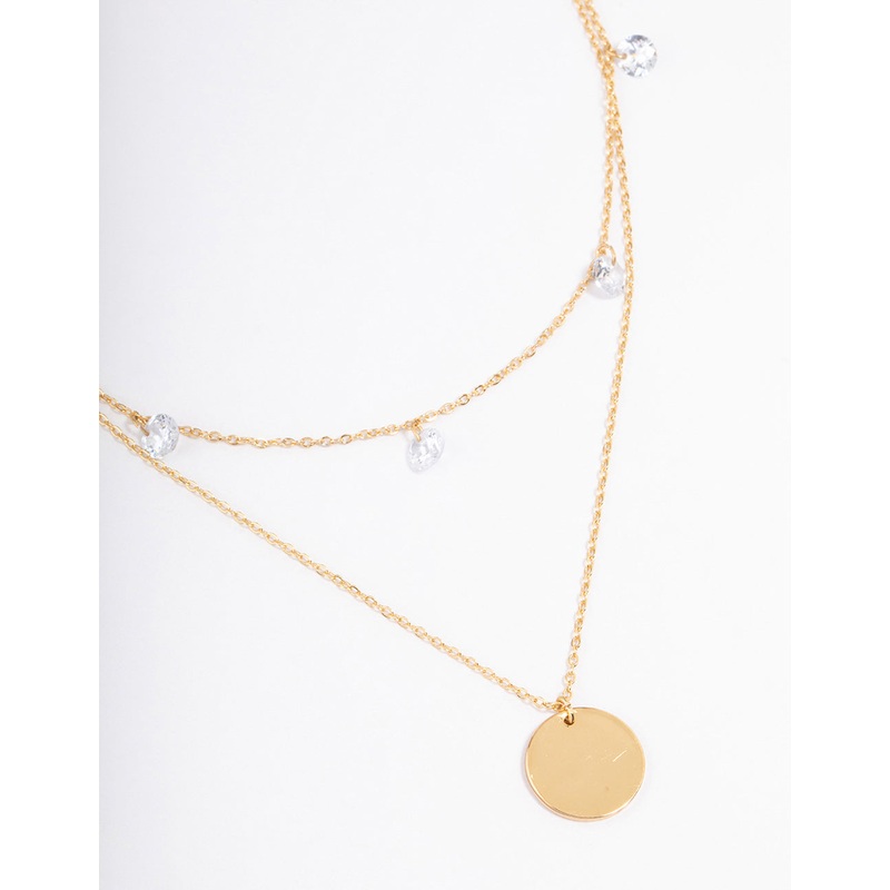 Waterproof Gold Plated Stainless Steel Cubic Zirconia Droplet & Disc Necklace