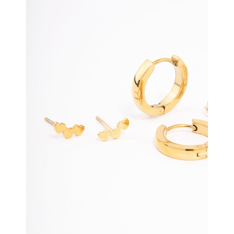 Waterproof Gold Plated Stainless Steel Stamp Heart Cubic Zirconia Earrings Pack