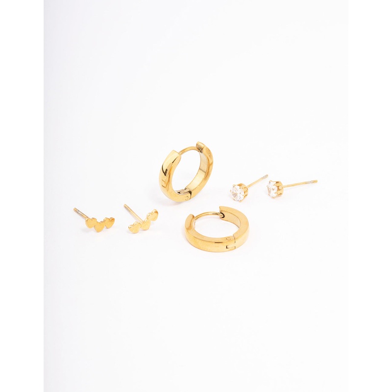 Waterproof Gold Plated Stainless Steel Stamp Heart Cubic Zirconia Earrings Pack