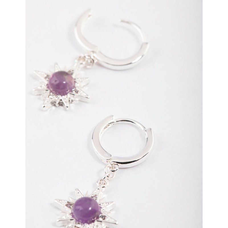 Silver Amethyst Starburst Huggie Earrings
