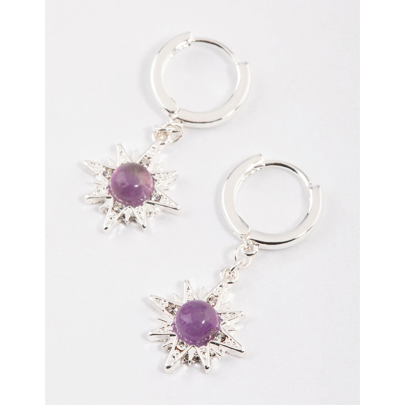Silver Amethyst Starburst Huggie Earrings