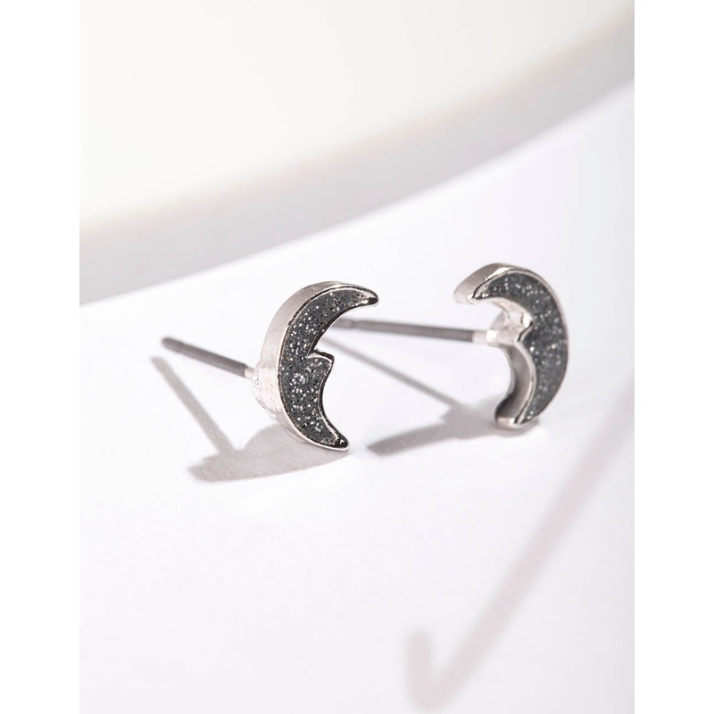Silver Glitter Moon Stud Earrings