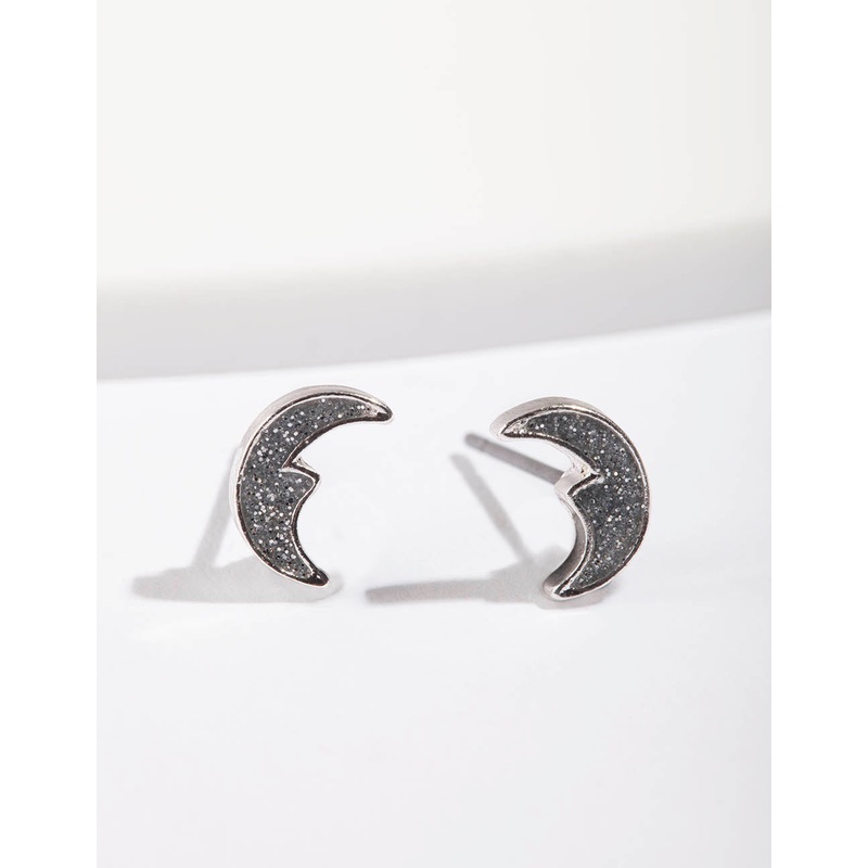 Silver Glitter Moon Stud Earrings