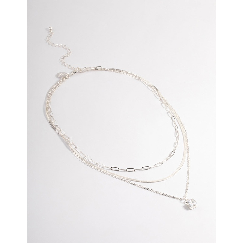 Silver Plated Square Cubic Zirconia Drop Chain Necklace