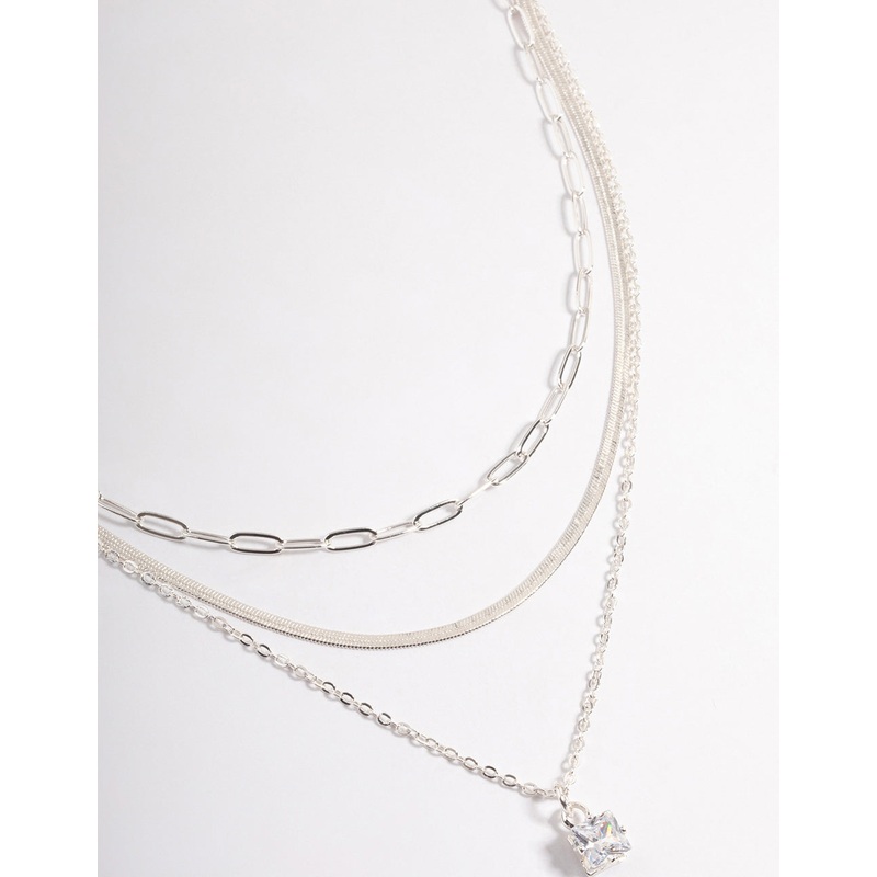 Silver Plated Square Cubic Zirconia Drop Chain Necklace