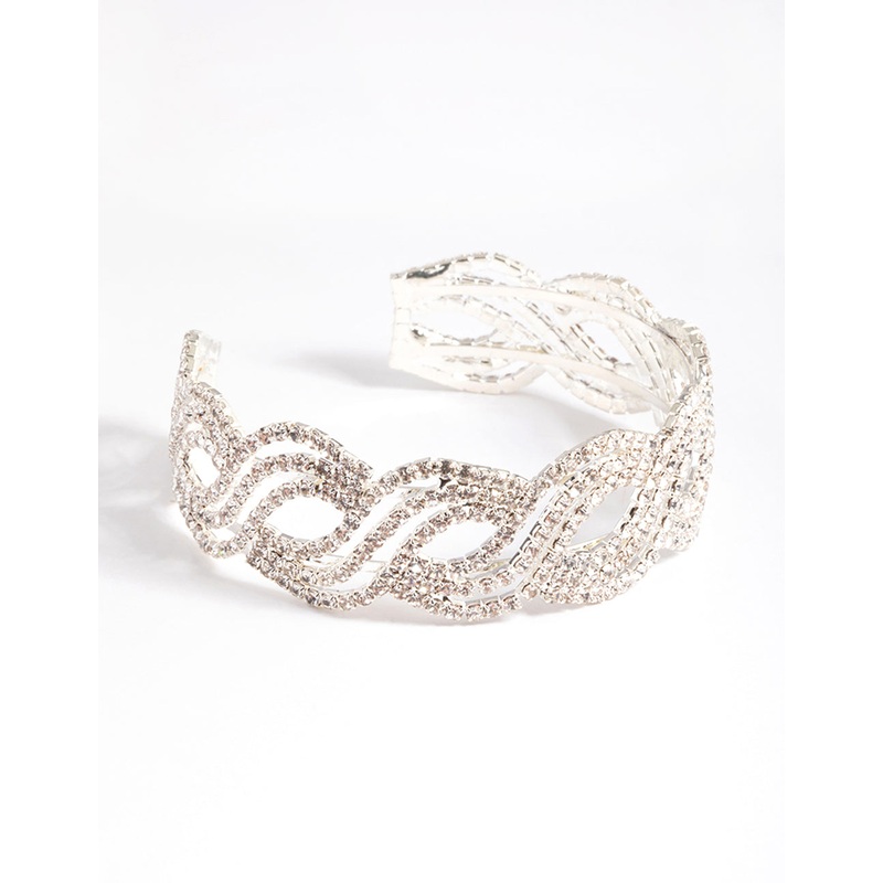 Silver Twist Petal Diamante Cuff Bracelet