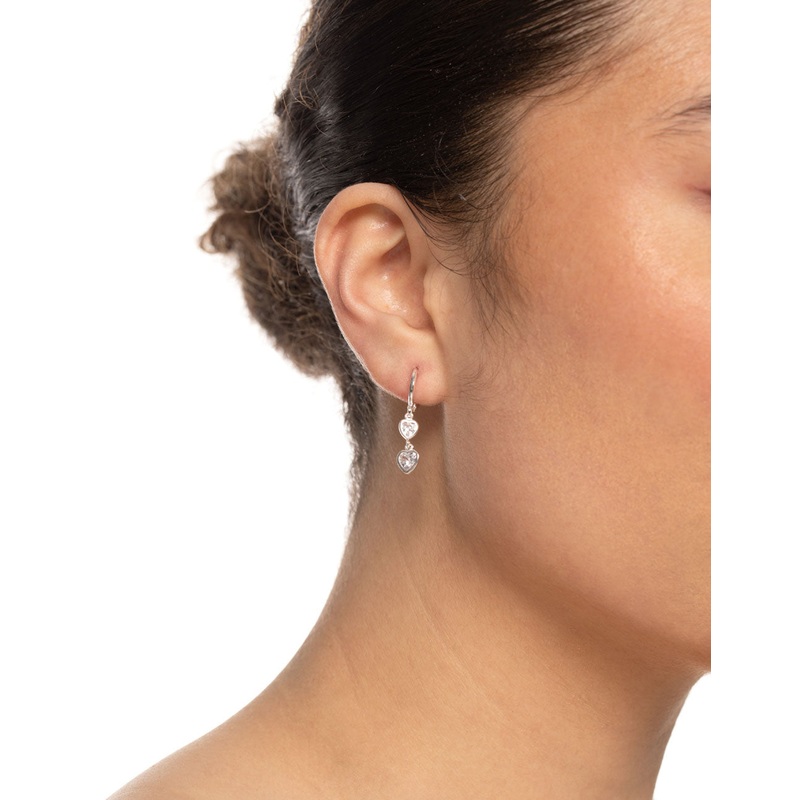 Silver Two Heart Drop Huggie Earrings