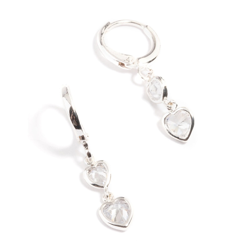 Silver Two Heart Drop Huggie Earrings