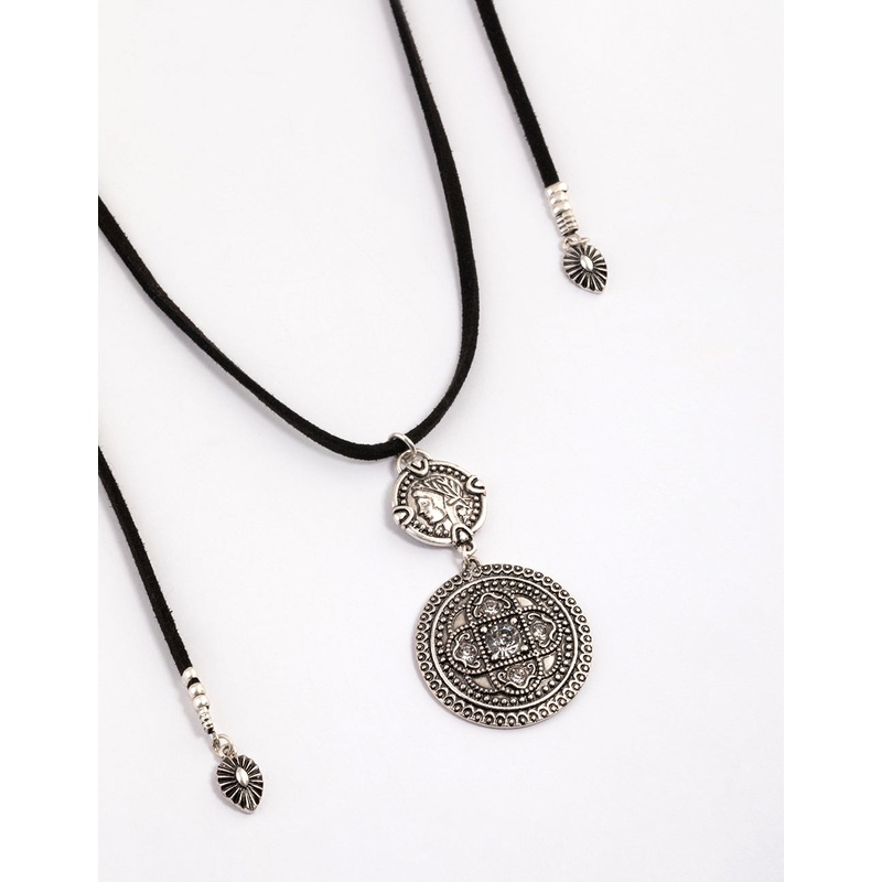 Antique Silver Multi Disc Suede Cord Layered Necklace