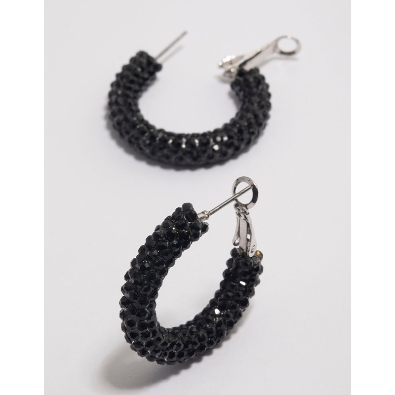 Coated Black Jet Crescent Hoop Earrings 20mm