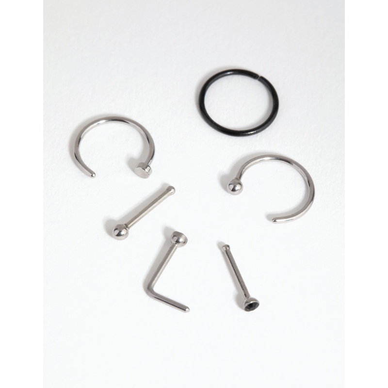 Mixed Metal Surgical Steel Classic Nose Ring & Stud 6-Pack