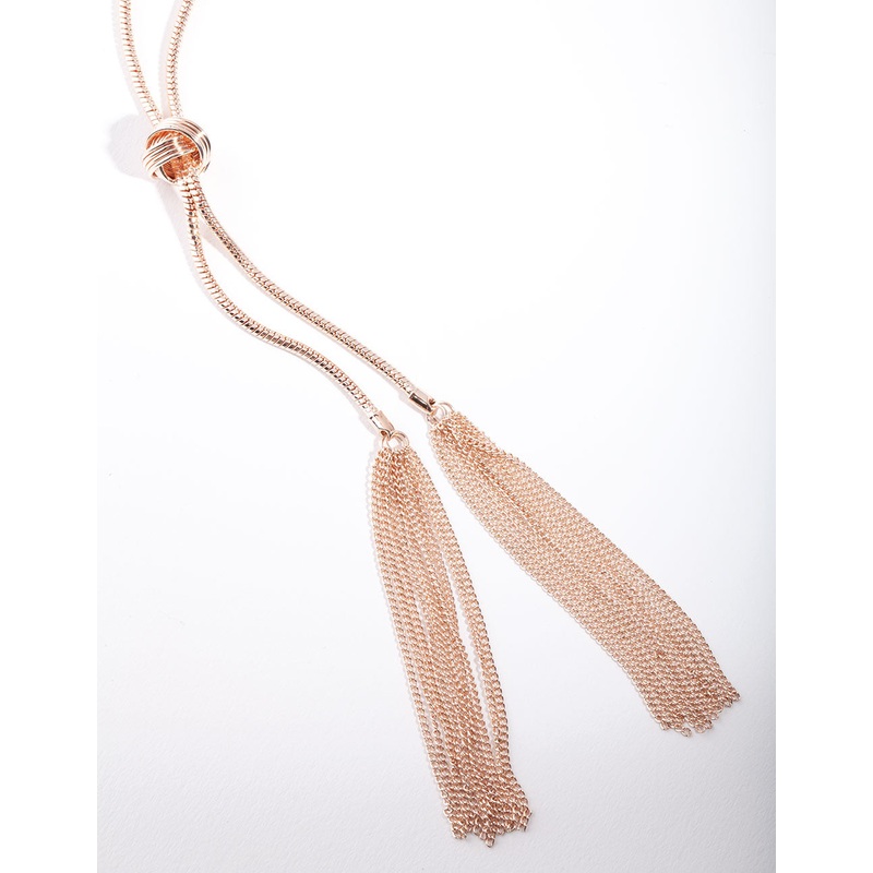 Rose Gold Lariat Knot & Tassel Necklace