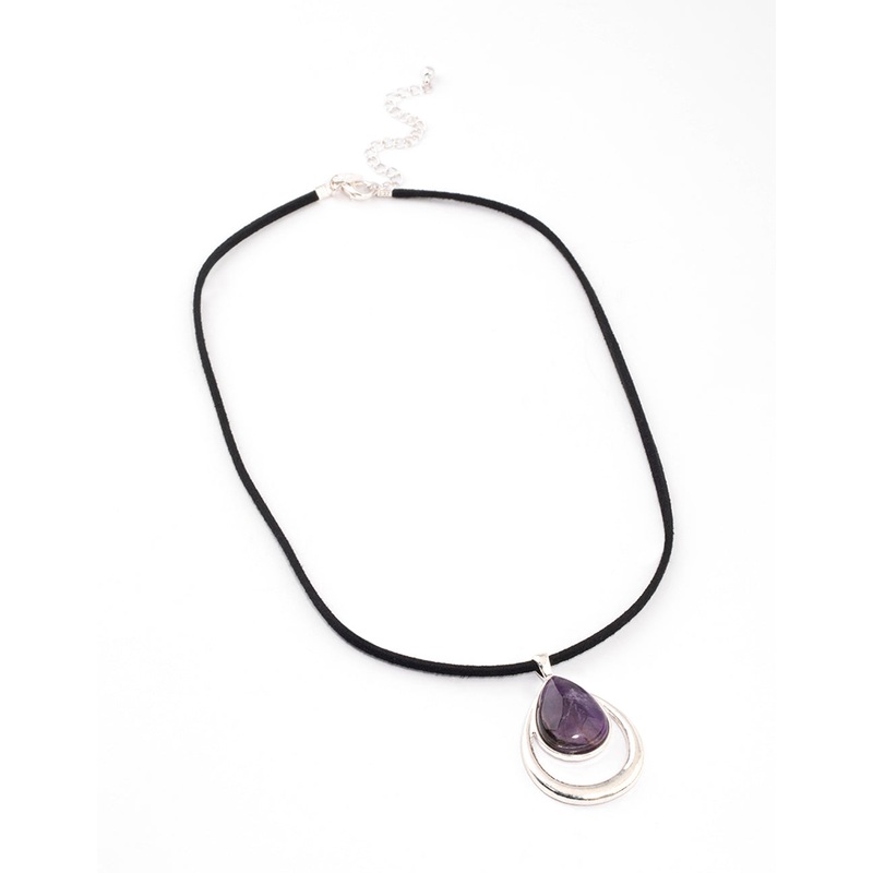 Silver Amethyst Double Teardrop Cord Necklace