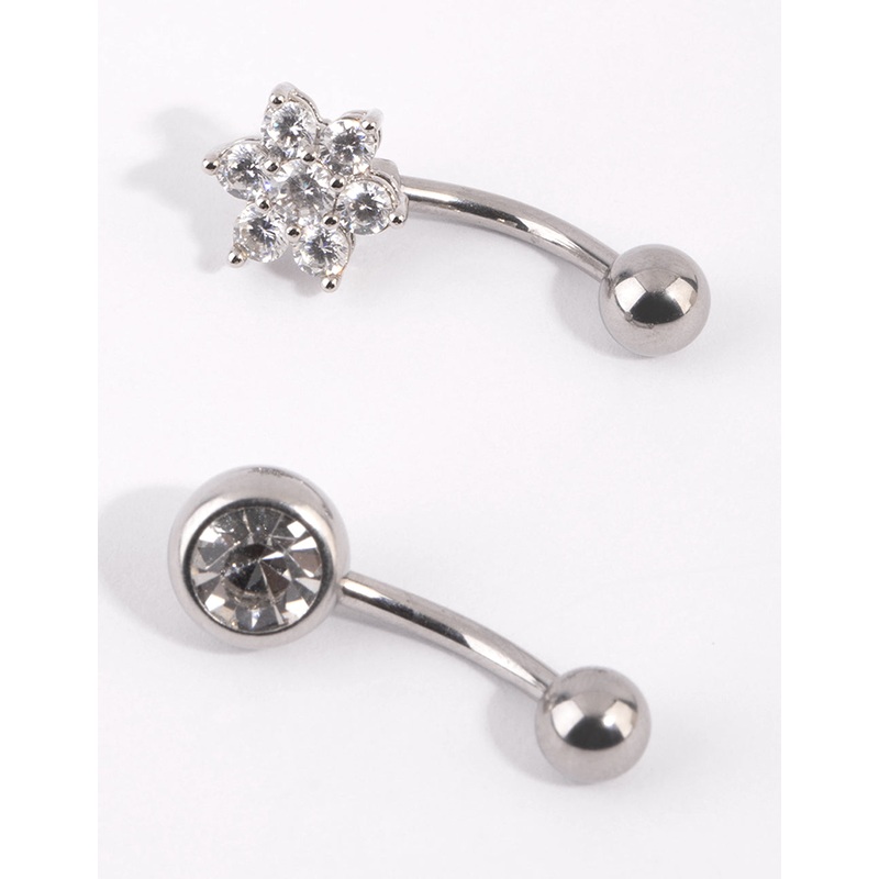 Surgical Steel Flower Diamante Belly Bar Set