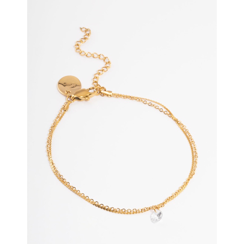 Waterproof Gold Plated Stainless Steel Cubic Zirconia Drop Two Layer Bracelet