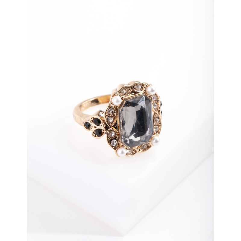 Gold Diamante Black Stone Ring