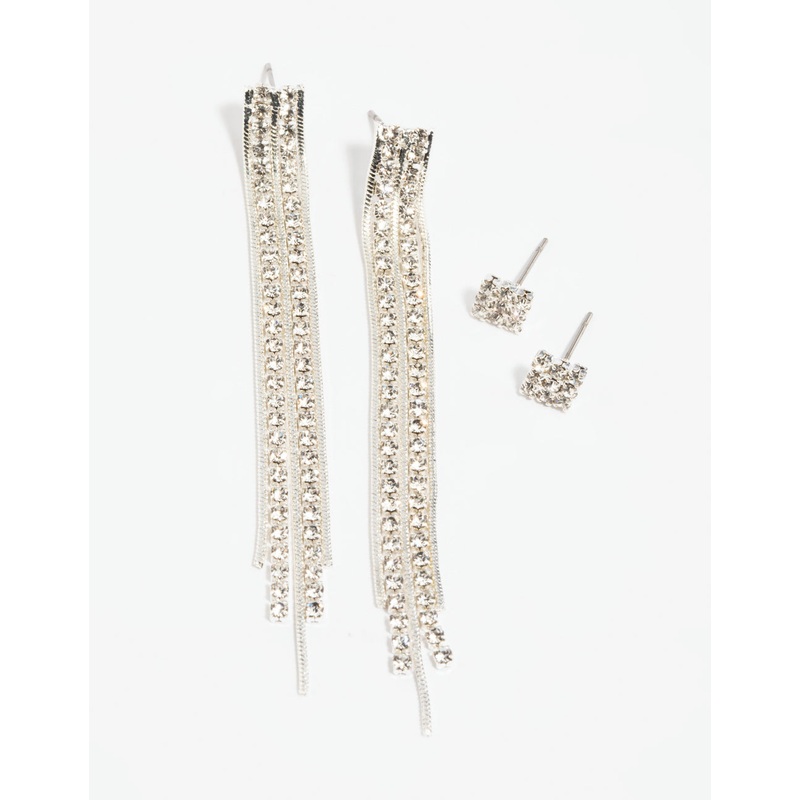 Silver Diamante Stud Earring Set