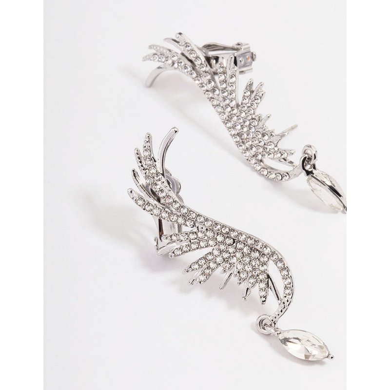 Silver Diamante Wing Drop Cuff Earrings
