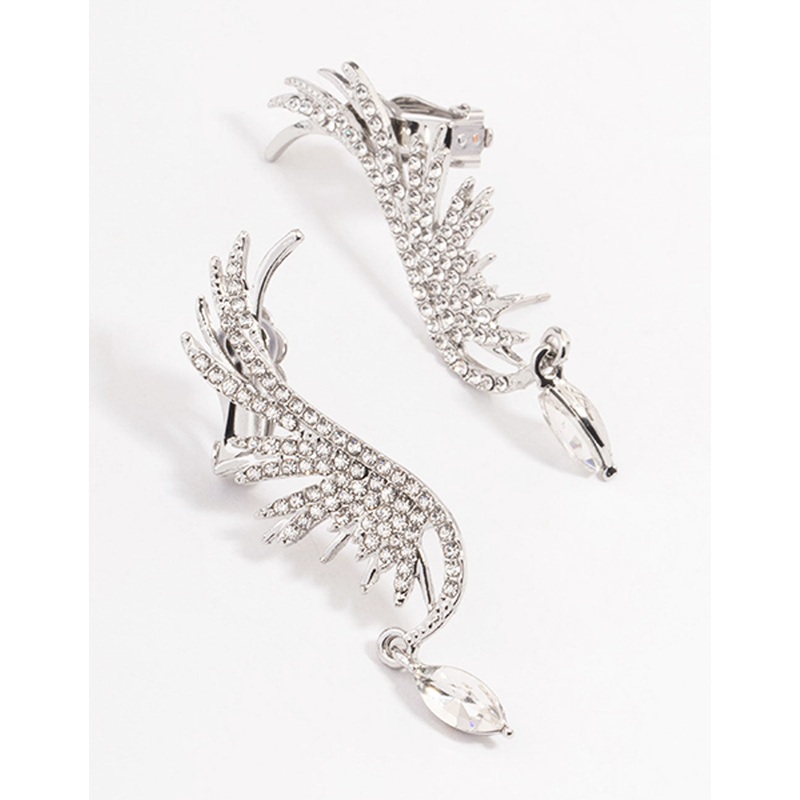 Silver Diamante Wing Drop Cuff Earrings