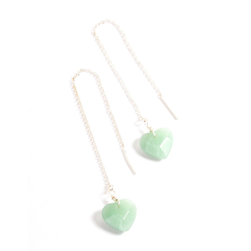 Silver Plated Green Aventurine Facet Heart Thread Earrings
