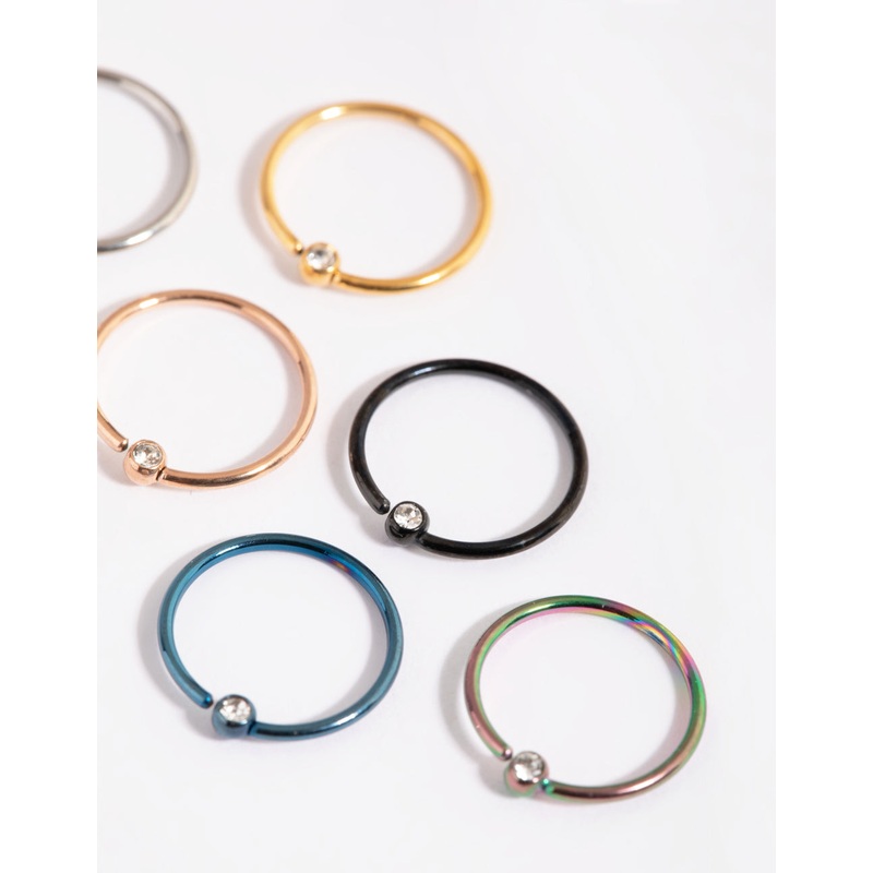 Surgical Steel Rainbow Diamante Nose Ring 6-Pack