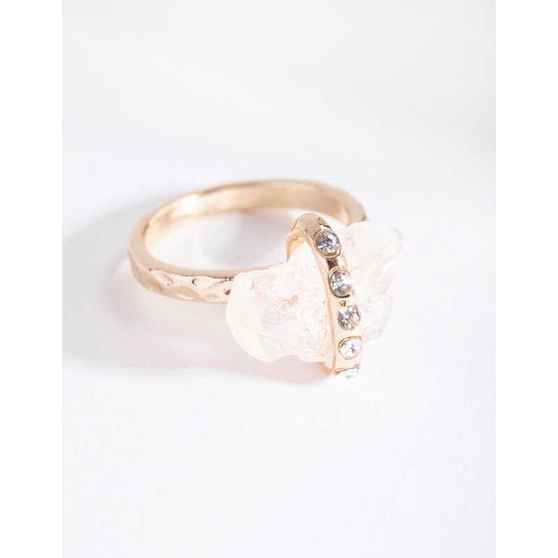 Gold Raw Stone With Diamante Strap Ring