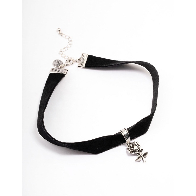 Antique Silver Wide Velvet Pendant Choker