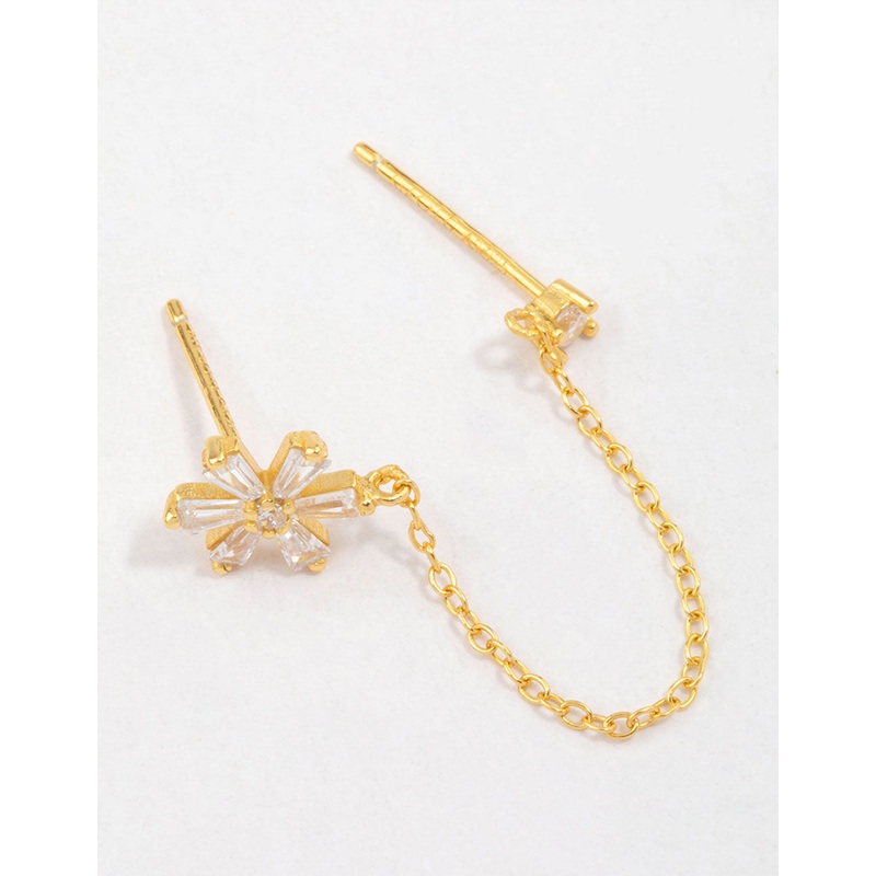 Gold Plated Sterling Silver Flower Chain Stud Earrings