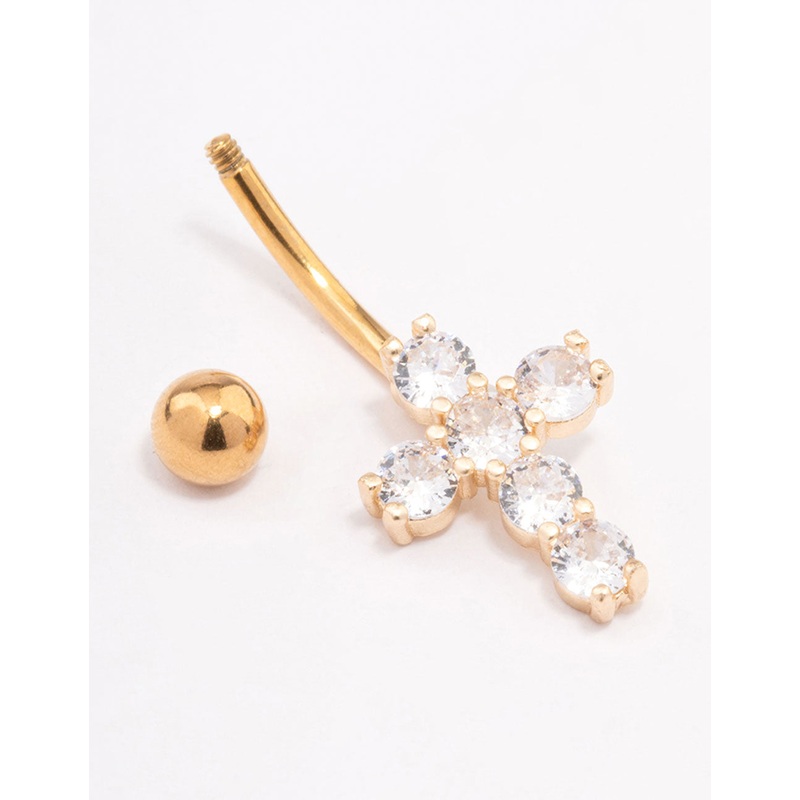 Gold Plated Surgical Steel Round Cubic Zirconia Cross Belly Ring