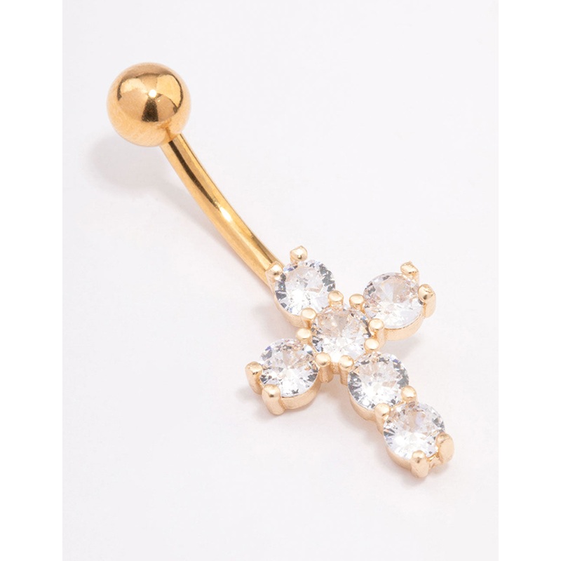Gold Plated Surgical Steel Round Cubic Zirconia Cross Belly Ring
