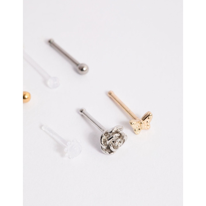 Surgical Steel Mixed Rose Butterfly Nose Stud 6-Pack
