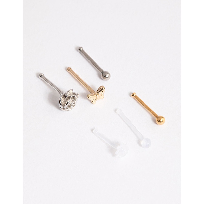 Surgical Steel Mixed Rose Butterfly Nose Stud 6-Pack