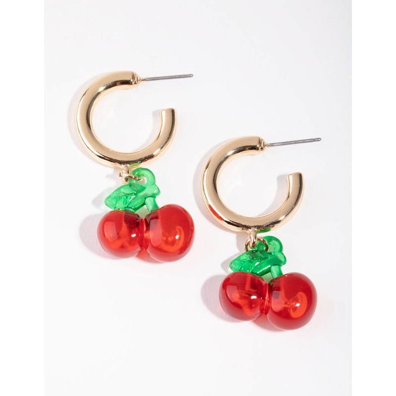 Gold Acrylic Cherry Hoop Earrings