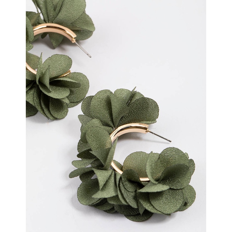 Gold Fabric Flower Petal Hoop Earrings