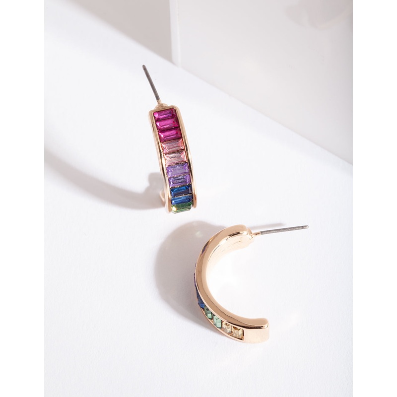 Gold Rainbow Gem Hoop Earrings